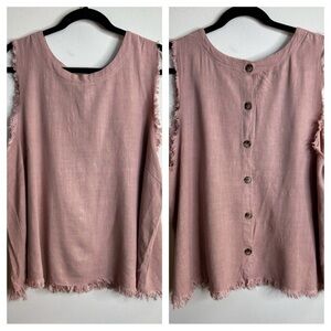 GiGio Plus 1X Elegant Pink Frayed Tank Top Buttons Linen Blend Dusty Pink Boho